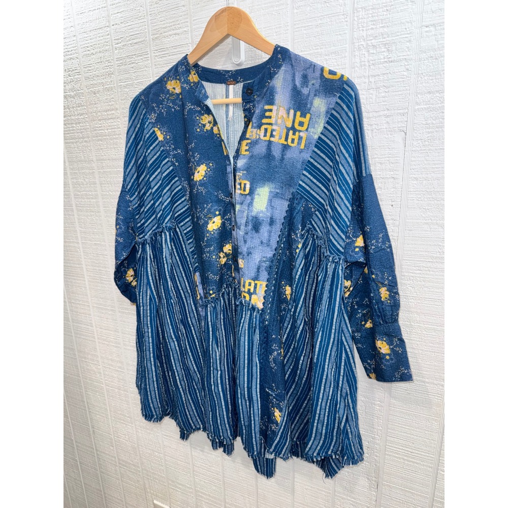 Free People Tunic Women Blue Mixed Media Patchwork Floral Stripe S